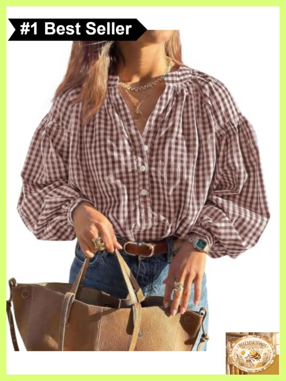 Plaid Long Puff Sleeve Blouse V Neck Button Down Casual Top